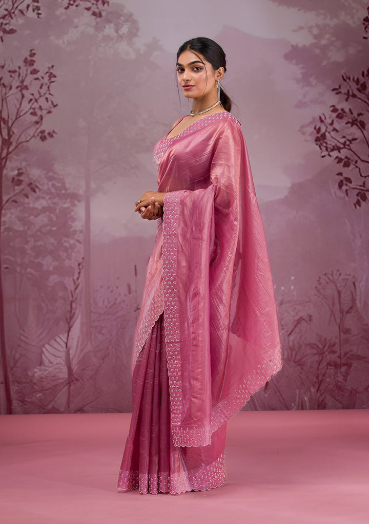 Onion Pink Swarovski Tissue Saree-Koskii