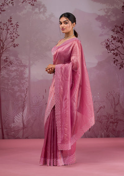 Onion Pink Swarovski Tissue Saree-Koskii