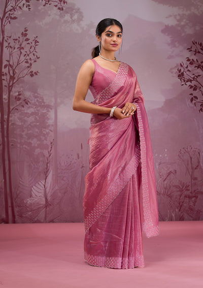 Onion Pink Swarovski Tissue Saree-Koskii