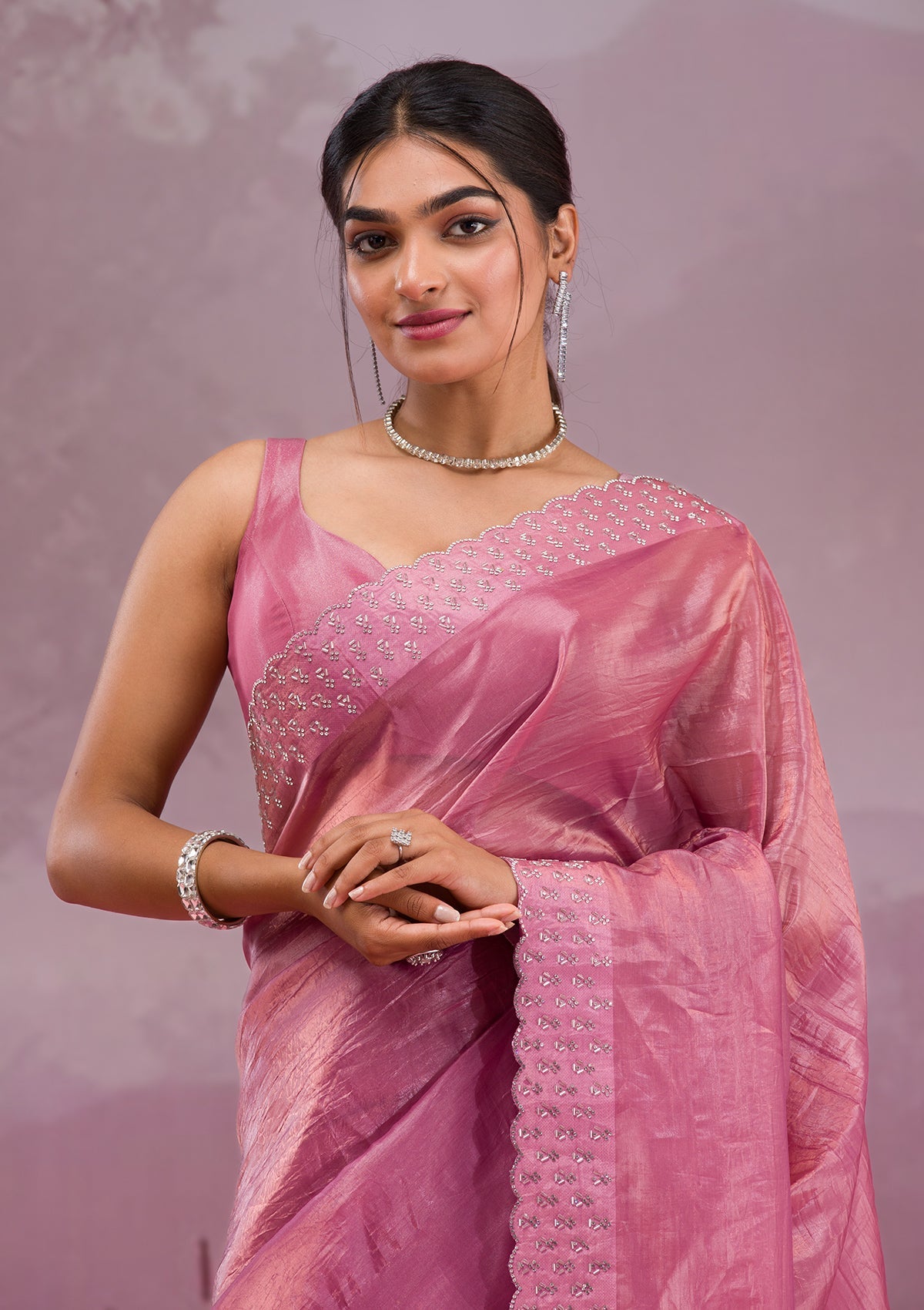 Onion Pink Swarovski Tissue Saree-Koskii