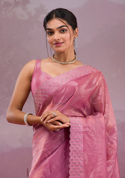 Onion Pink Swarovski Tissue Saree-Koskii