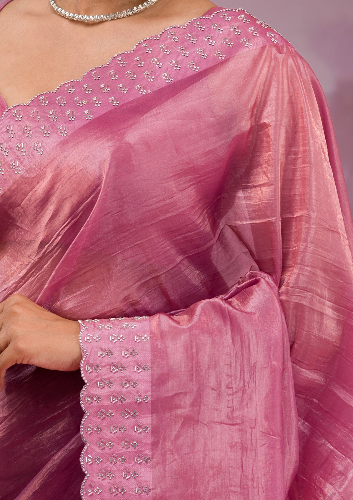 Onion Pink Swarovski Tissue Saree-Koskii