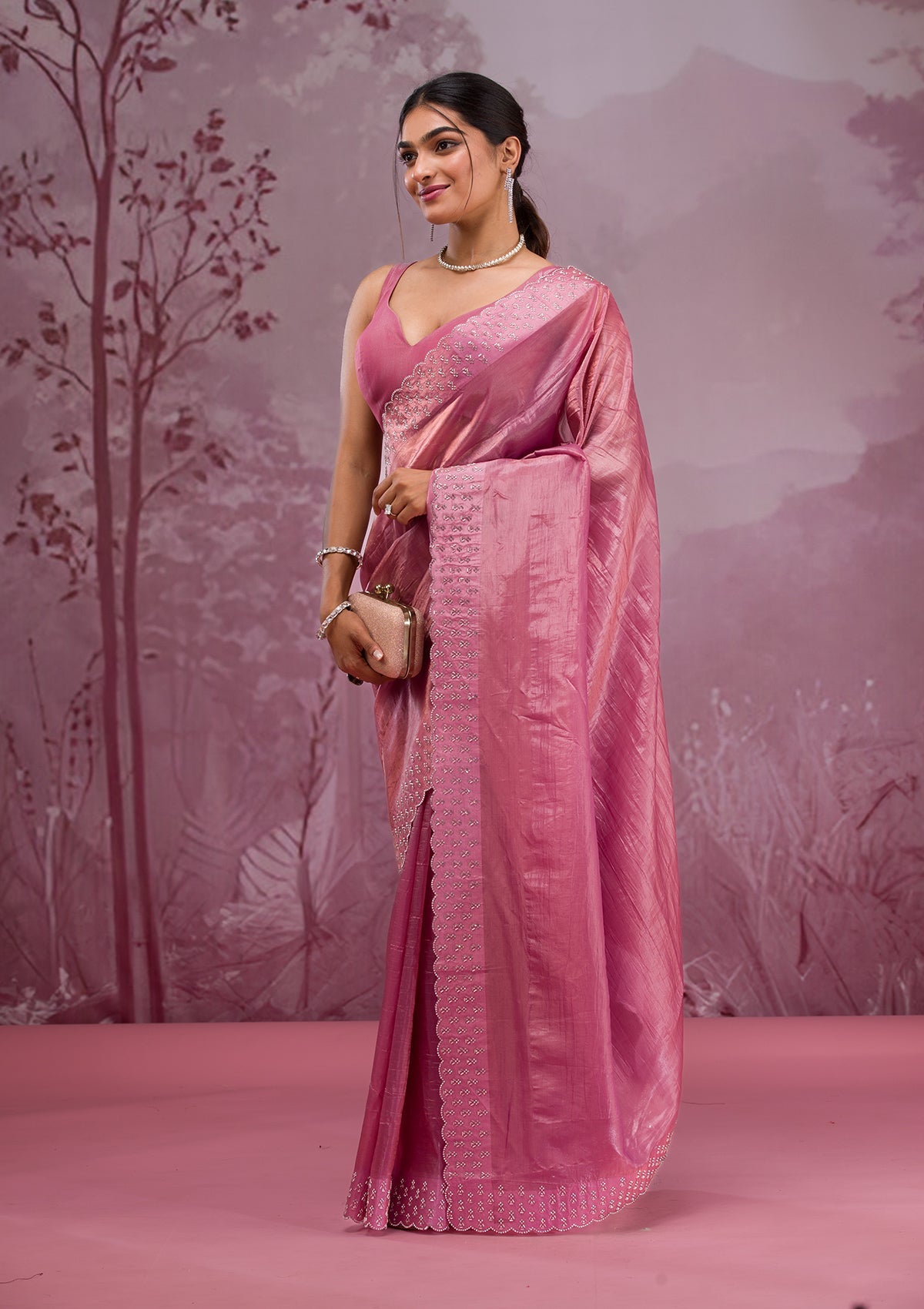 Onion Pink Swarovski Tissue Saree-Koskii