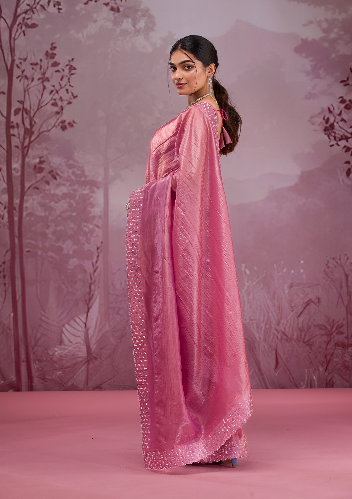 Onion Pink Swarovski Tissue Saree-Koskii