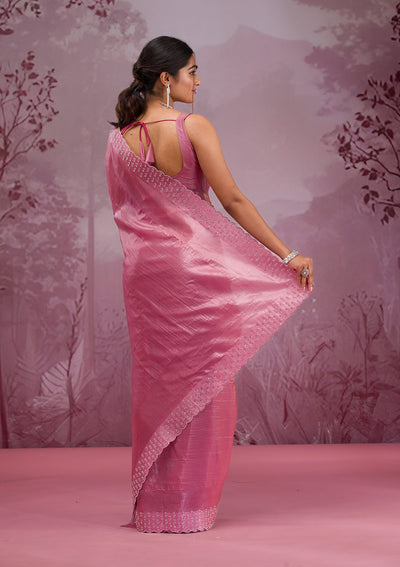 Onion Pink Swarovski Tissue Saree-Koskii