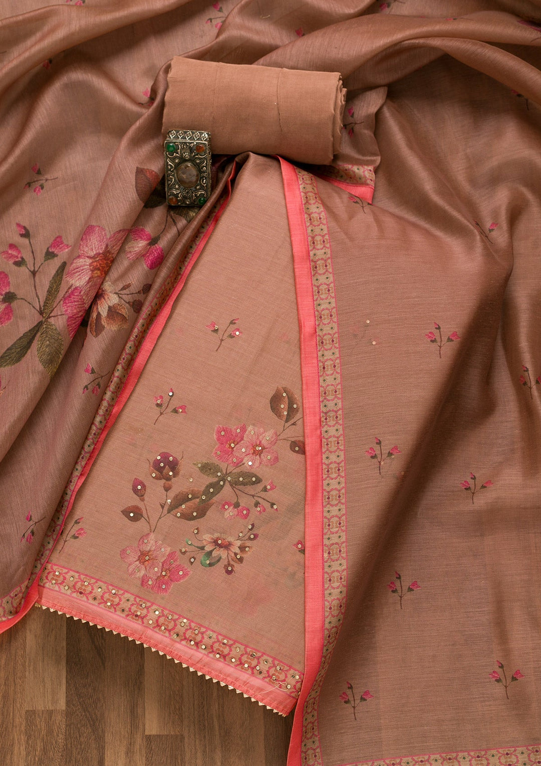 Onion Pink Threadwork Chanderi Unstitched Salwar Suit-Koskii