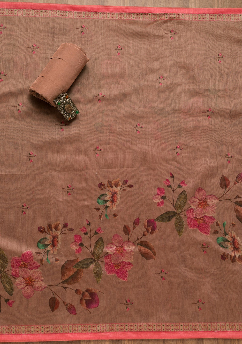 Onion Pink Threadwork Chanderi Unstitched Salwar Suit-Koskii