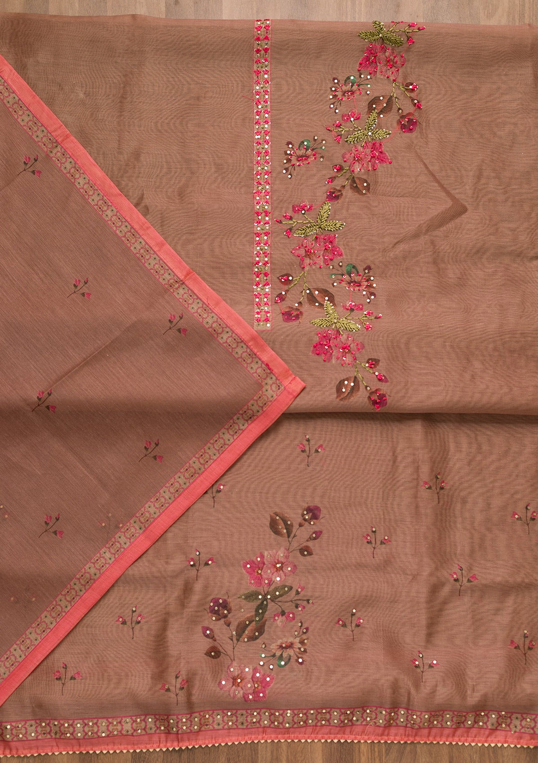 Onion Pink Threadwork Chanderi Unstitched Salwar Suit-Koskii