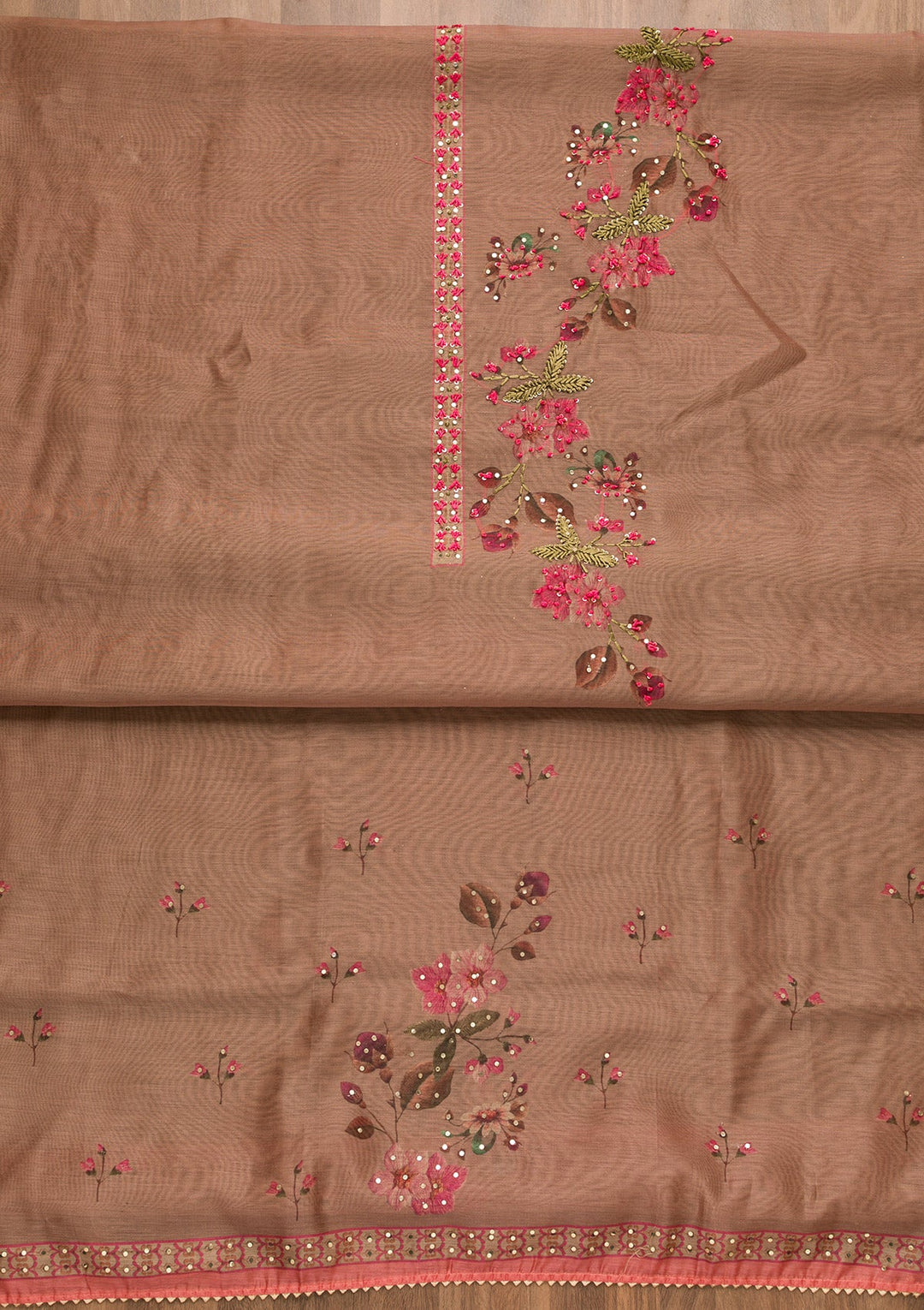 Onion Pink Threadwork Chanderi Unstitched Salwar Suit-Koskii