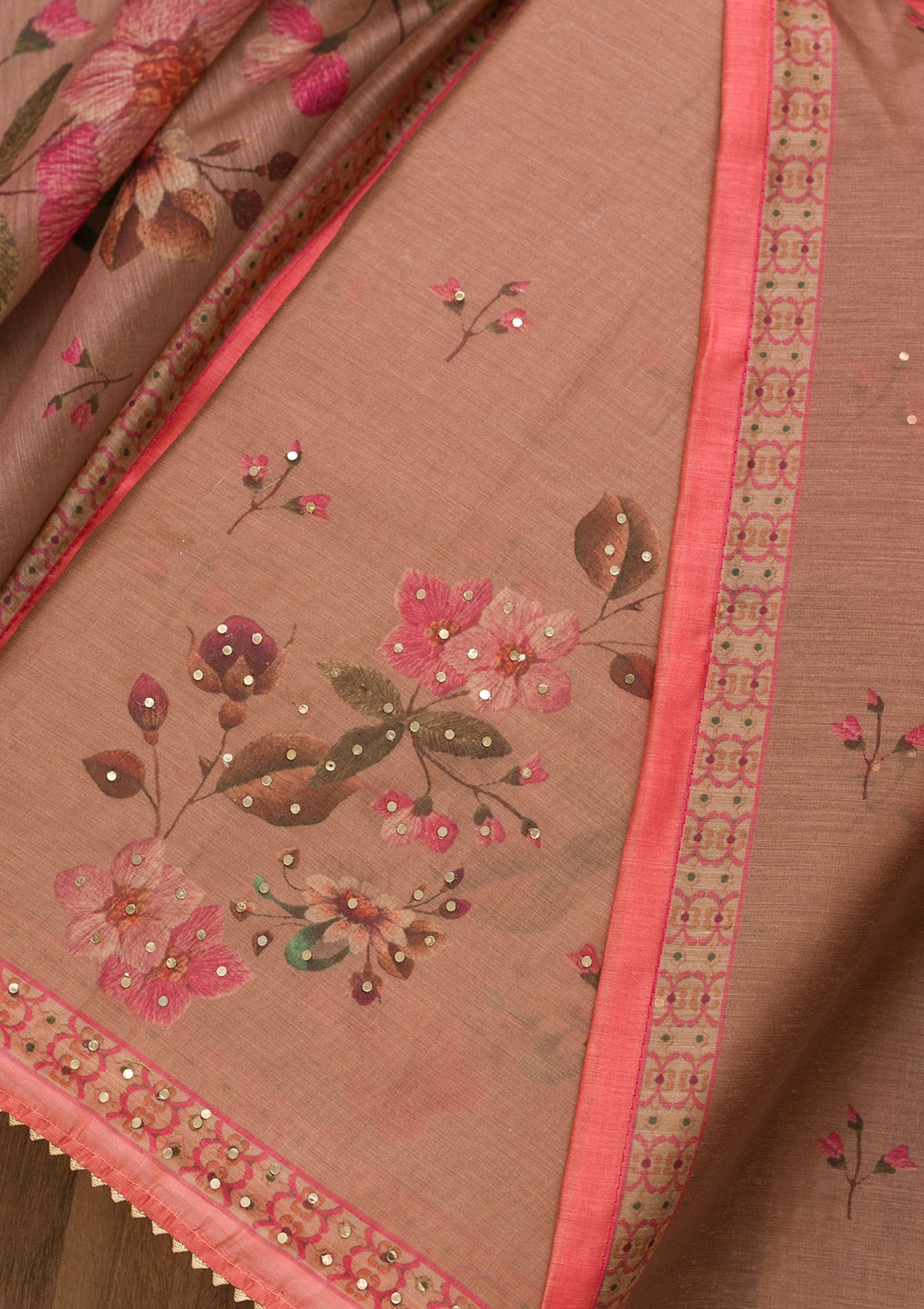 Onion Pink Threadwork Chanderi Unstitched Salwar Suit-Koskii