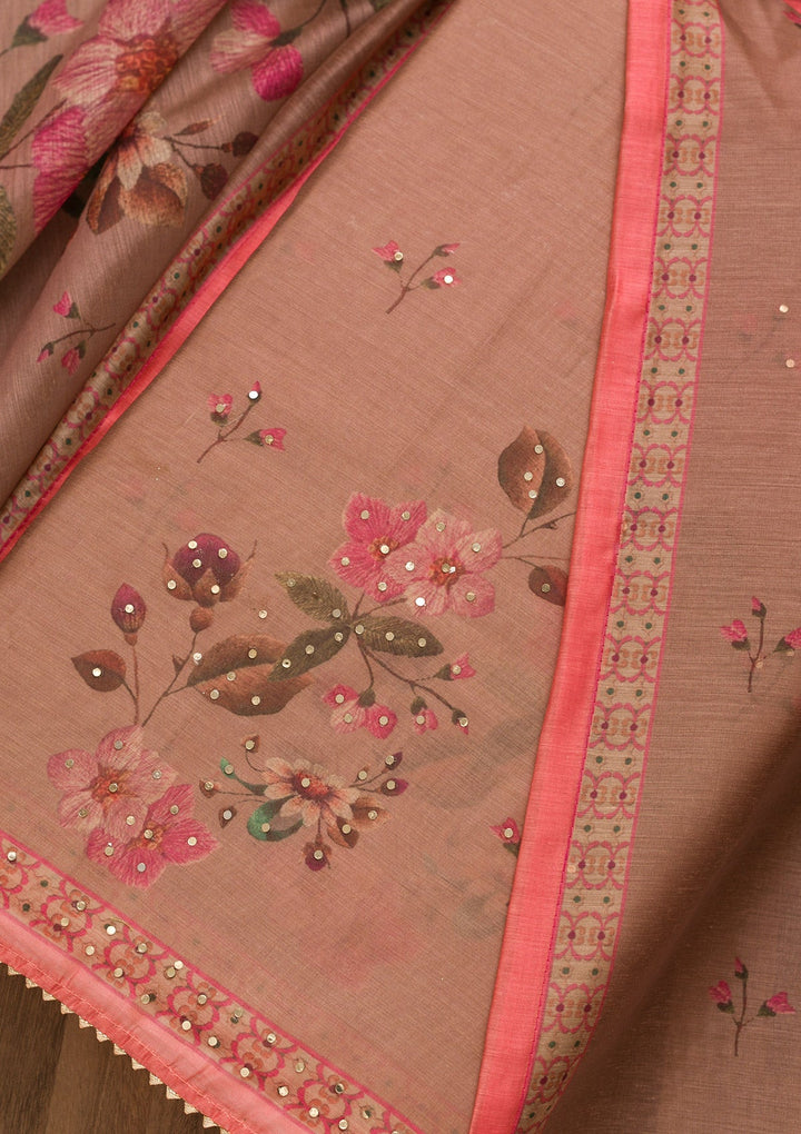 Onion Pink Threadwork Chanderi Unstitched Salwar Suit-Koskii