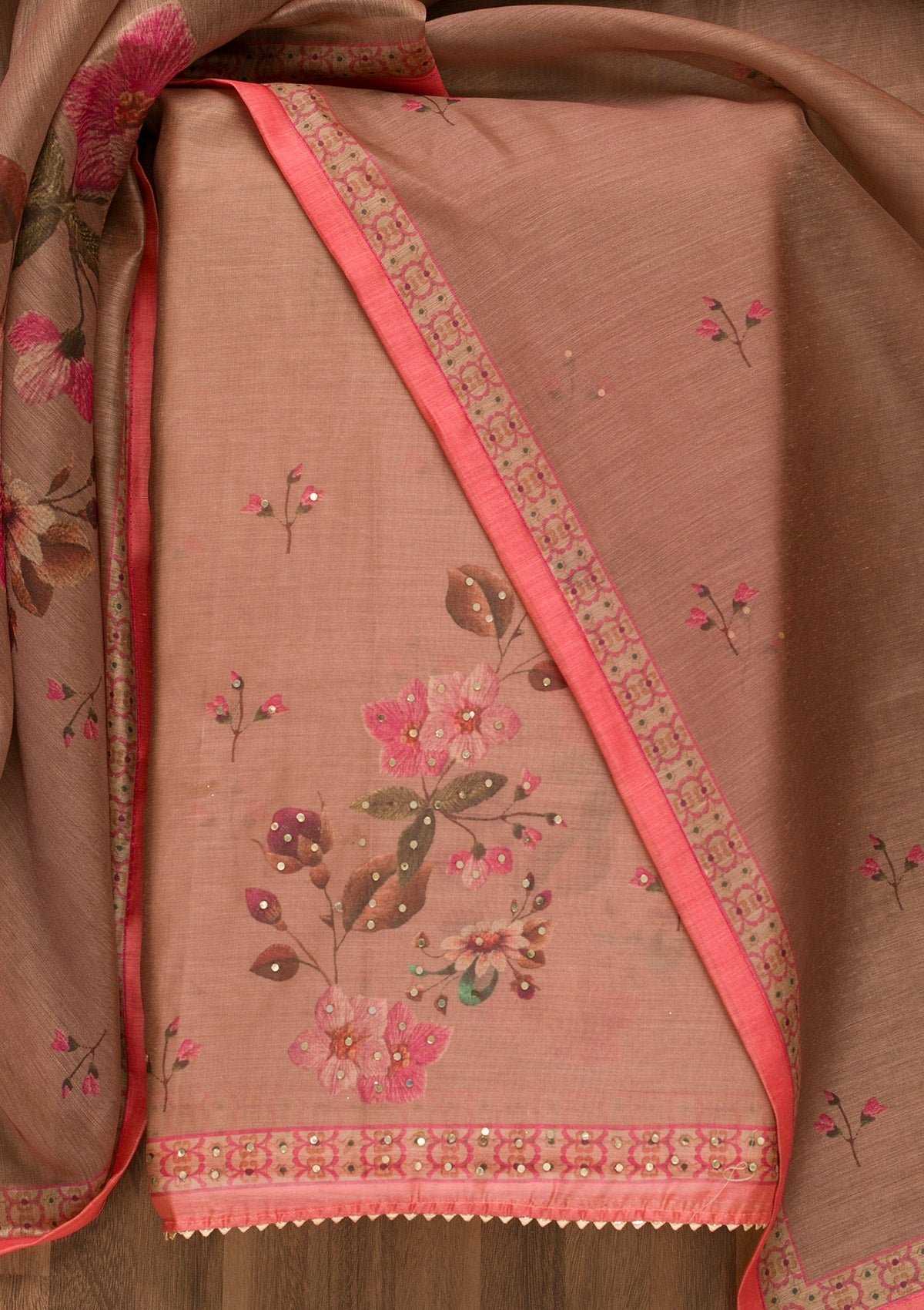 Onion Pink Threadwork Chanderi Unstitched Salwar Suit-Koskii
