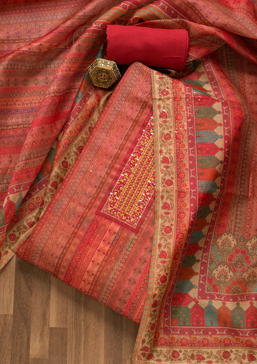 Onion Pink Threadwork Chanderi Unstitched Salwar Suit-Koskii