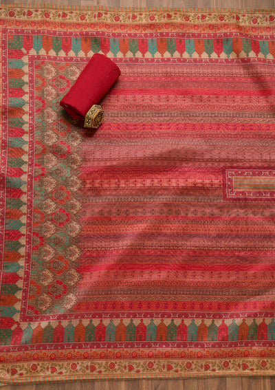 Onion Pink Threadwork Chanderi Unstitched Salwar Suit-Koskii