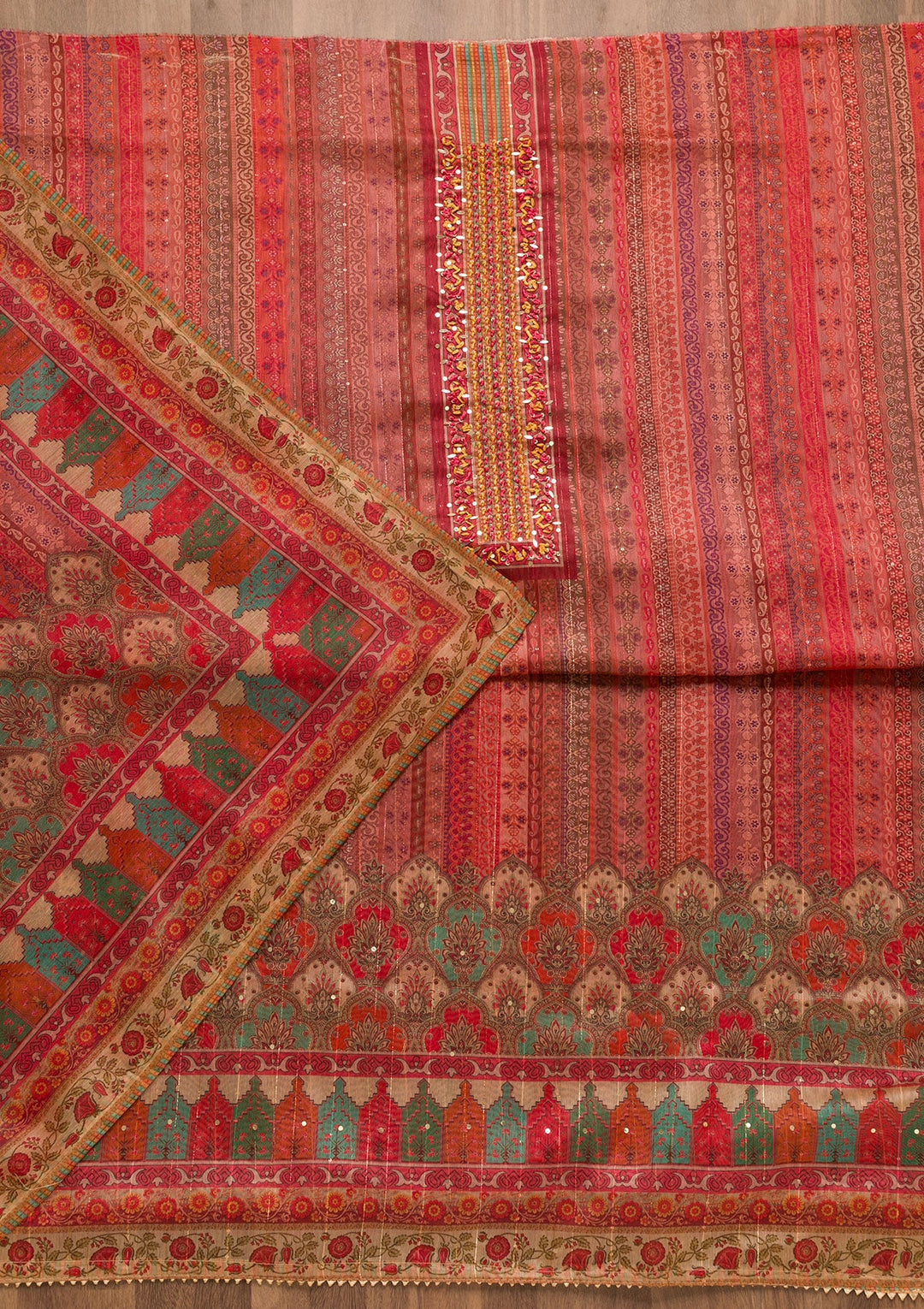 Onion Pink Threadwork Chanderi Unstitched Salwar Suit-Koskii