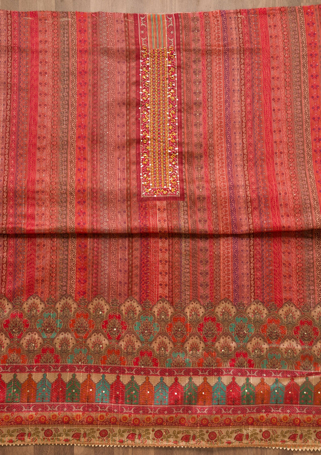 Onion Pink Threadwork Chanderi Unstitched Salwar Suit-Koskii