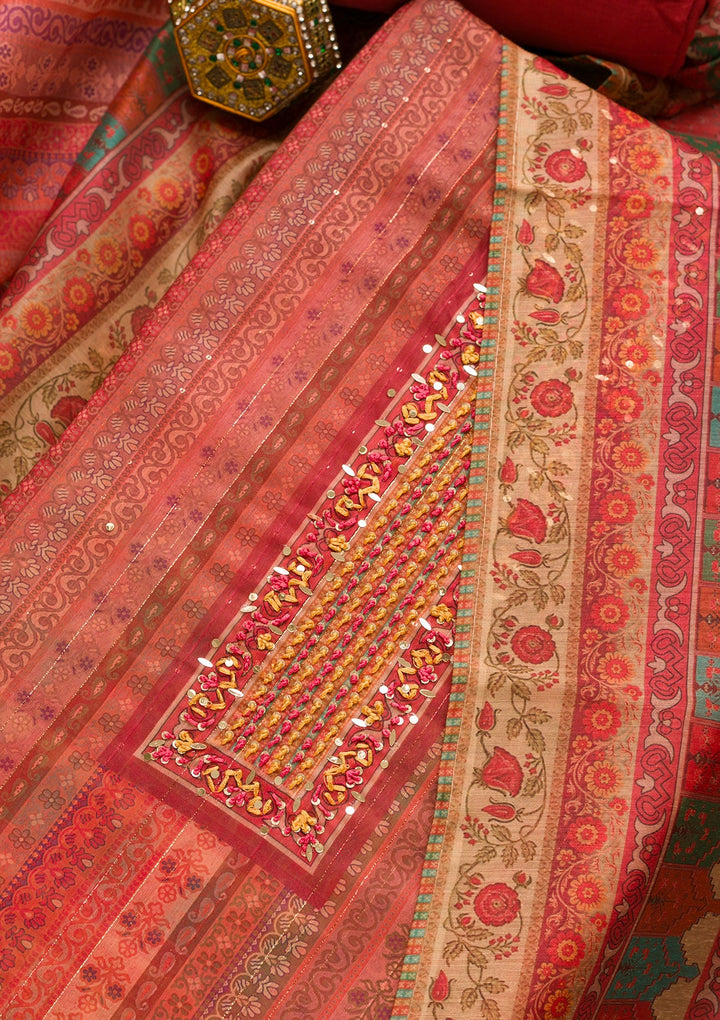 Onion Pink Threadwork Chanderi Unstitched Salwar Suit-Koskii