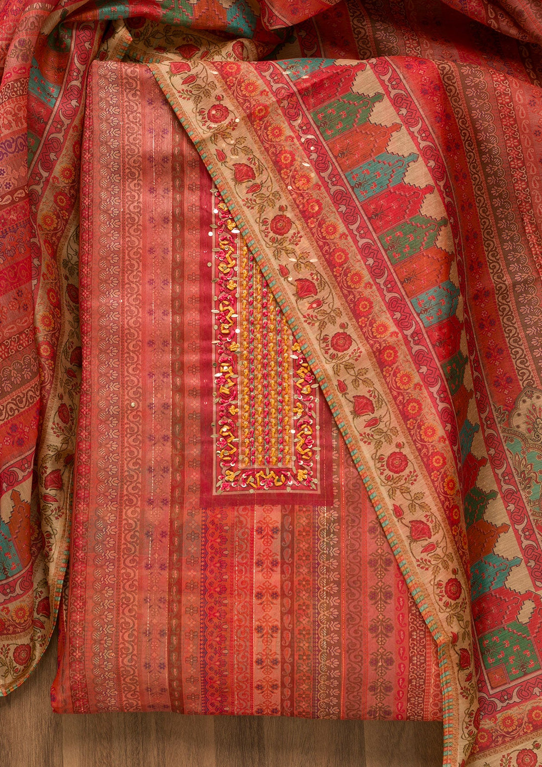 Onion Pink Threadwork Chanderi Unstitched Salwar Suit-Koskii