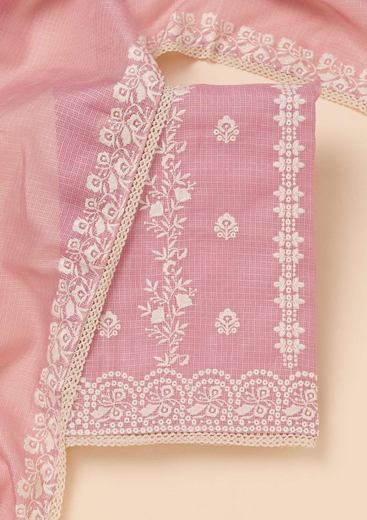 Onion Pink Threadwork Cotton Blend Unstitched Salwar Suit-Koskii