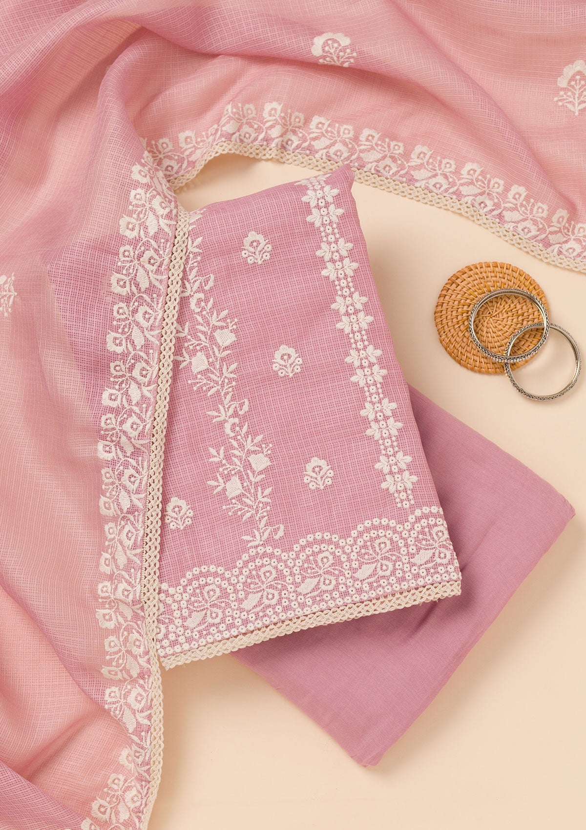 Onion Pink Threadwork Cotton Blend Unstitched Salwar Suit-Koskii