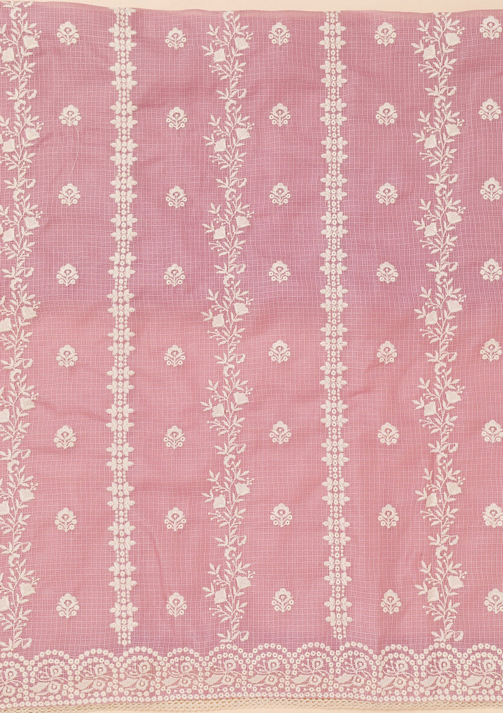 Onion Pink Threadwork Cotton Blend Unstitched Salwar Suit-Koskii