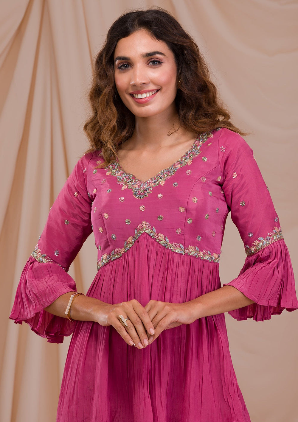 Onion Pink Threadwork Crepe Readymade Salwar Suit-Koskii