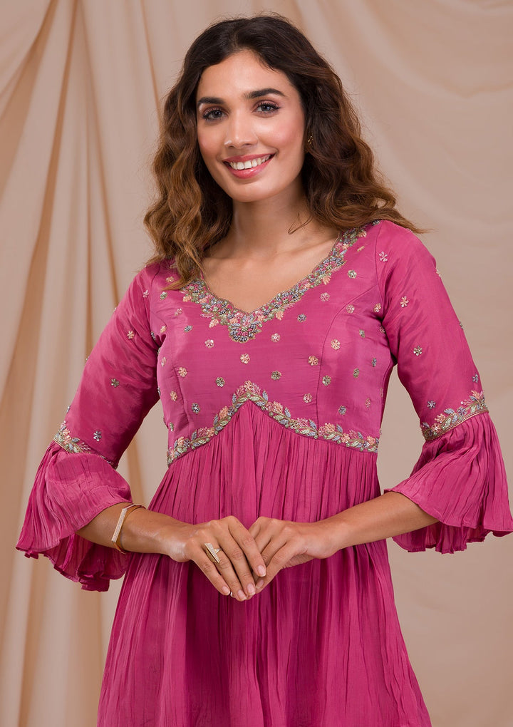 Onion Pink Threadwork Crepe Readymade Salwar Suit-Koskii