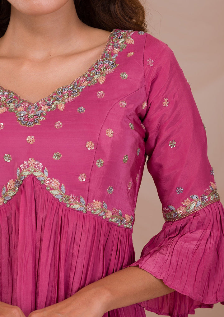 Onion Pink Threadwork Crepe Readymade Salwar Suit-Koskii