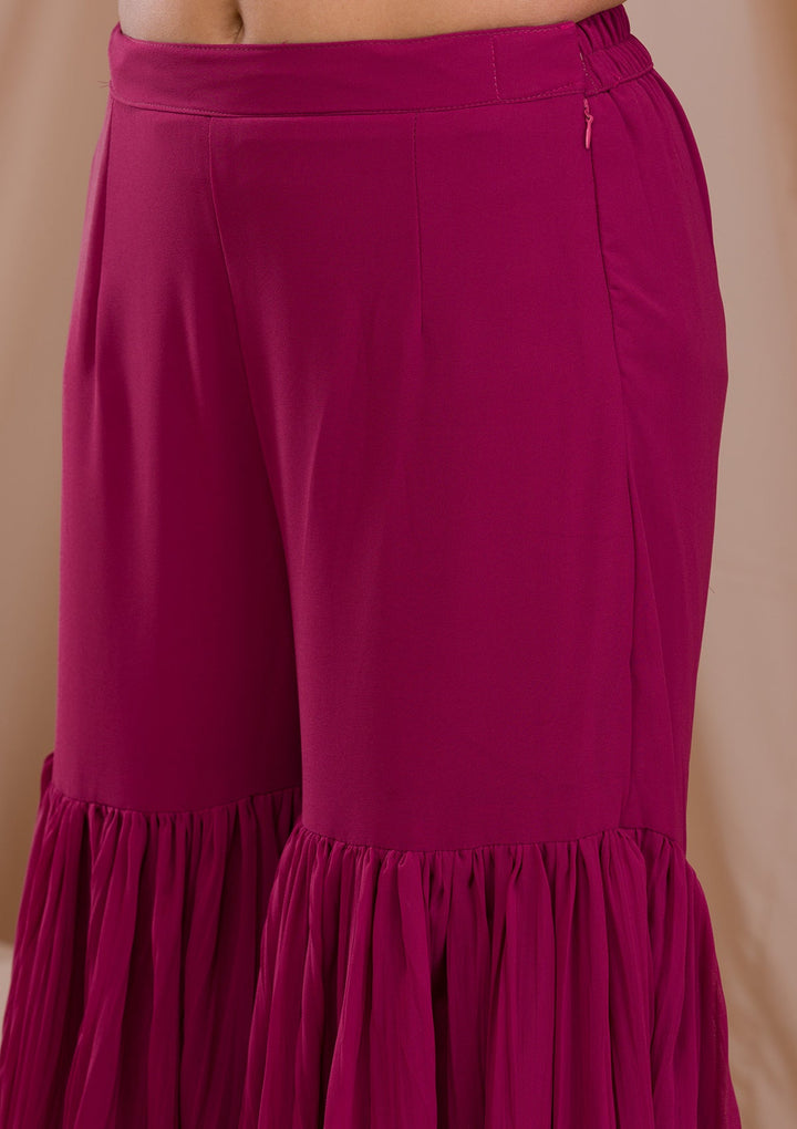 Onion Pink Threadwork Georgette Readymade Salwar Suit-Koskii