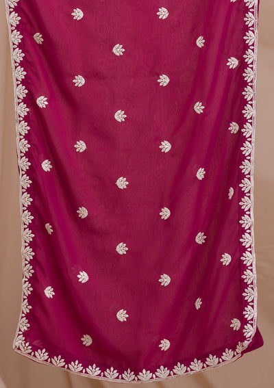 Onion Pink Threadwork Georgette Readymade Salwar Suit-Koskii