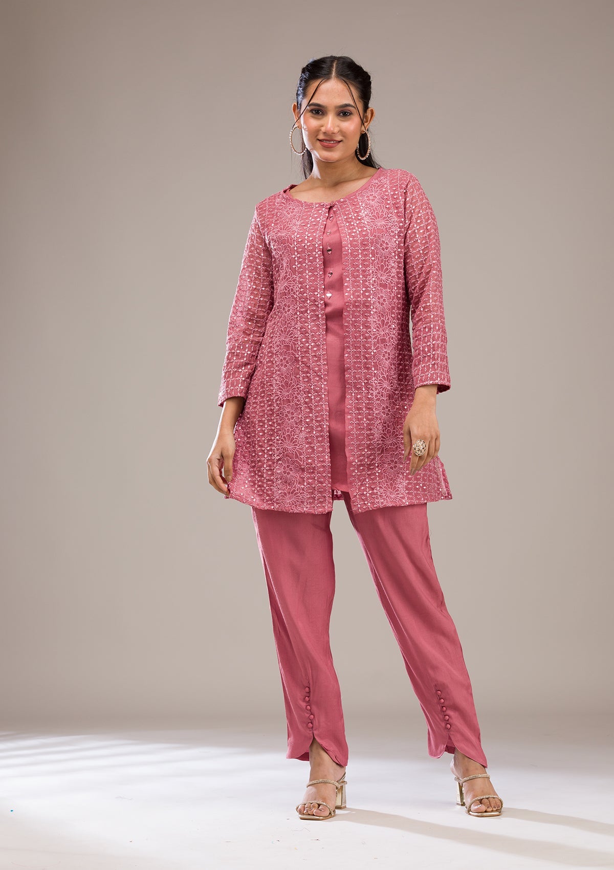 Onion Pink Threadwork Georgette Readymade Salwar Suit-Koskii