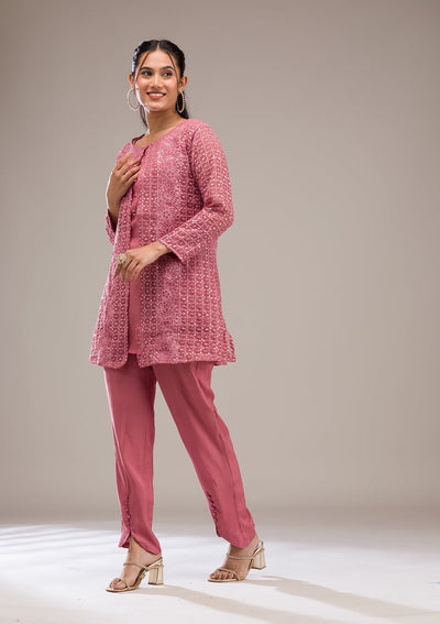 Onion Pink Threadwork Georgette Readymade Salwar Suit-Koskii