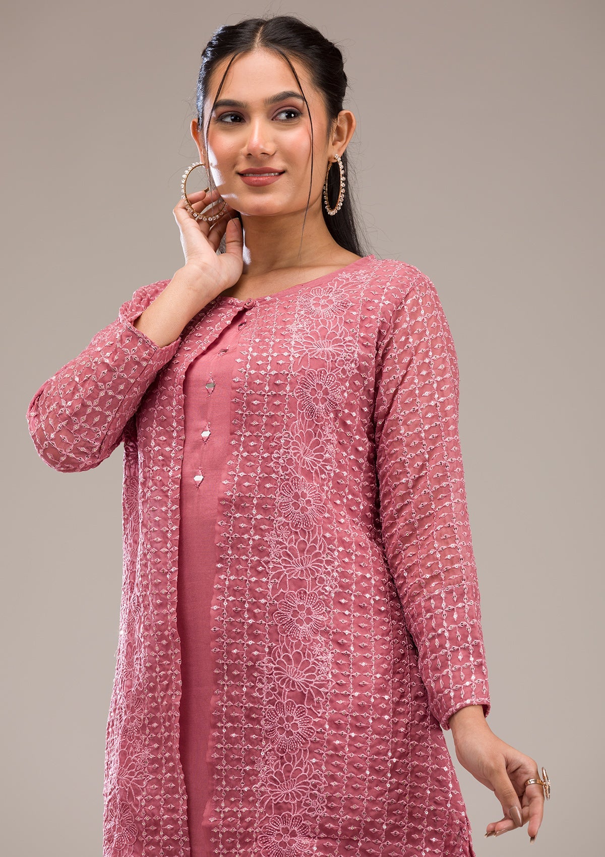 Onion Pink Threadwork Georgette Readymade Salwar Suit-Koskii