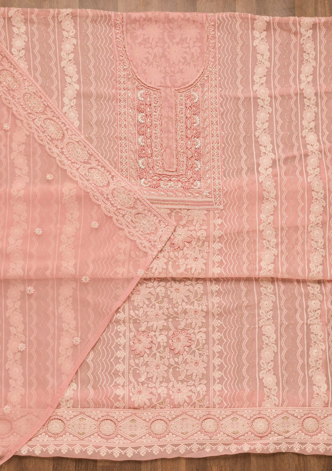 Onion Pink Threadwork Georgette Unstitched Salwar Suit-Koskii