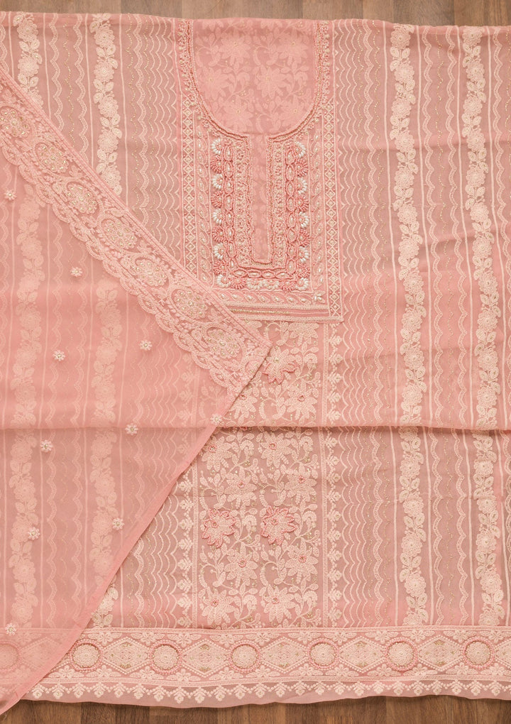 Onion Pink Threadwork Georgette Unstitched Salwar Suit-Koskii