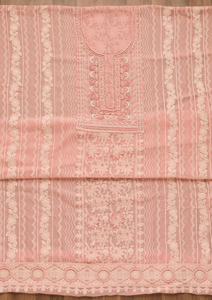 Onion Pink Threadwork Georgette Unstitched Salwar Suit-Koskii