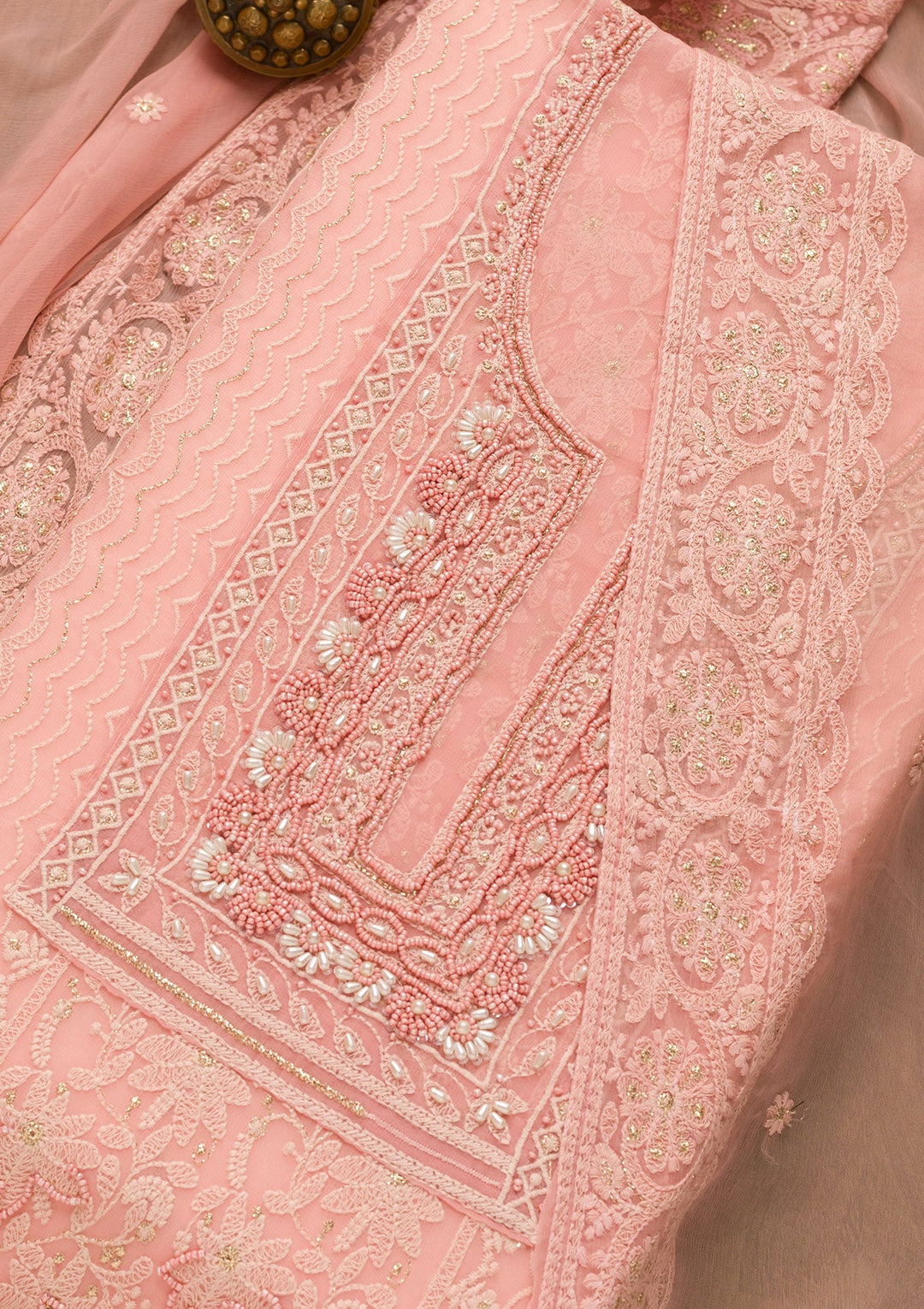 Onion Pink Threadwork Georgette Unstitched Salwar Suit-Koskii
