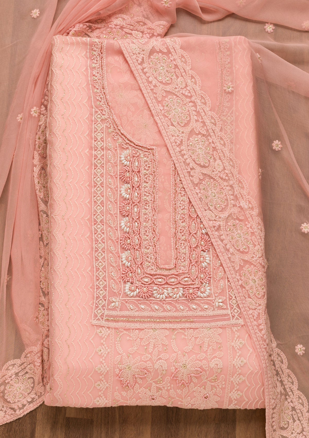 Onion Pink Threadwork Georgette Unstitched Salwar Suit-Koskii