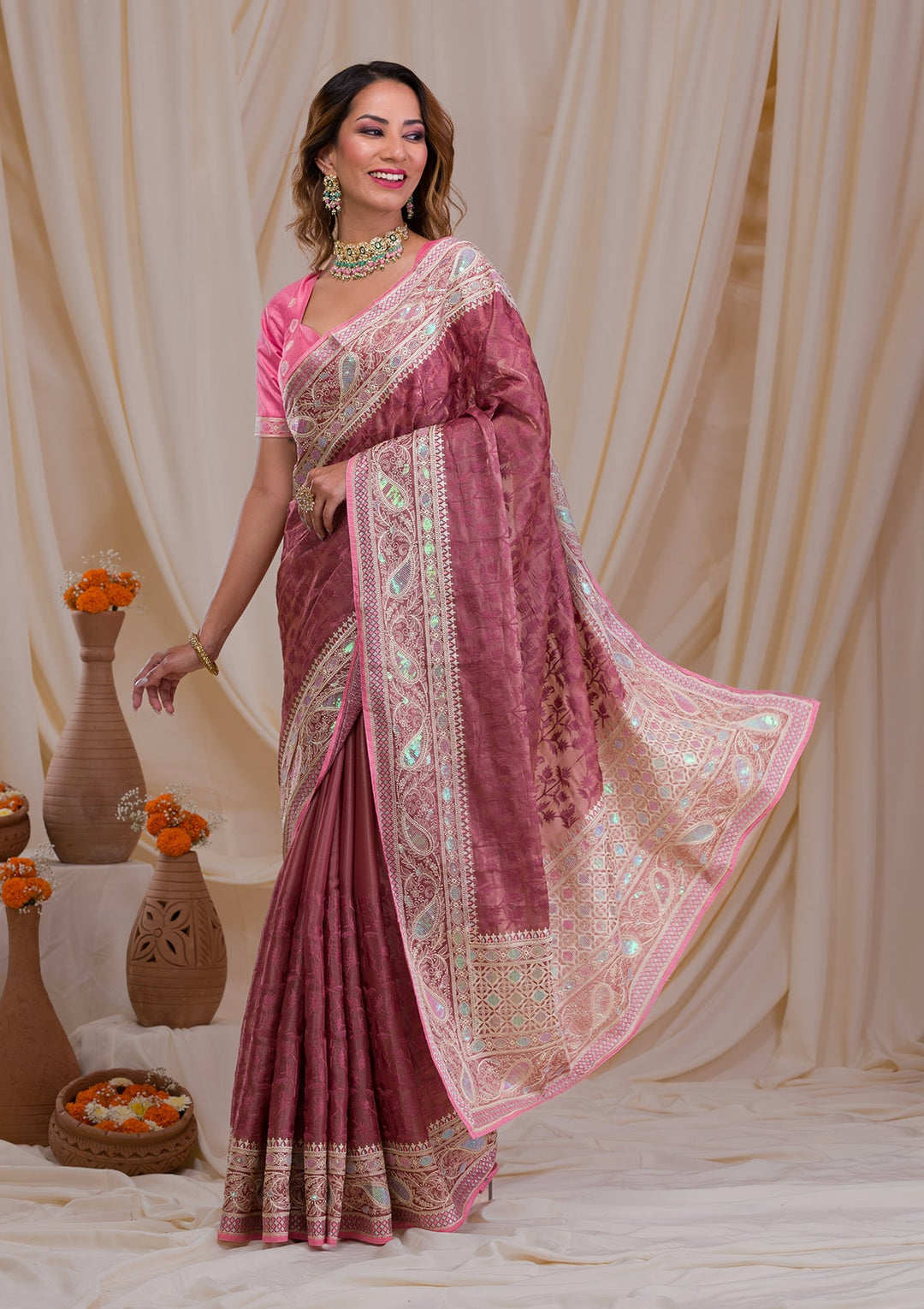 Onion Pink Threadwork Georgette Saree-Koskii
