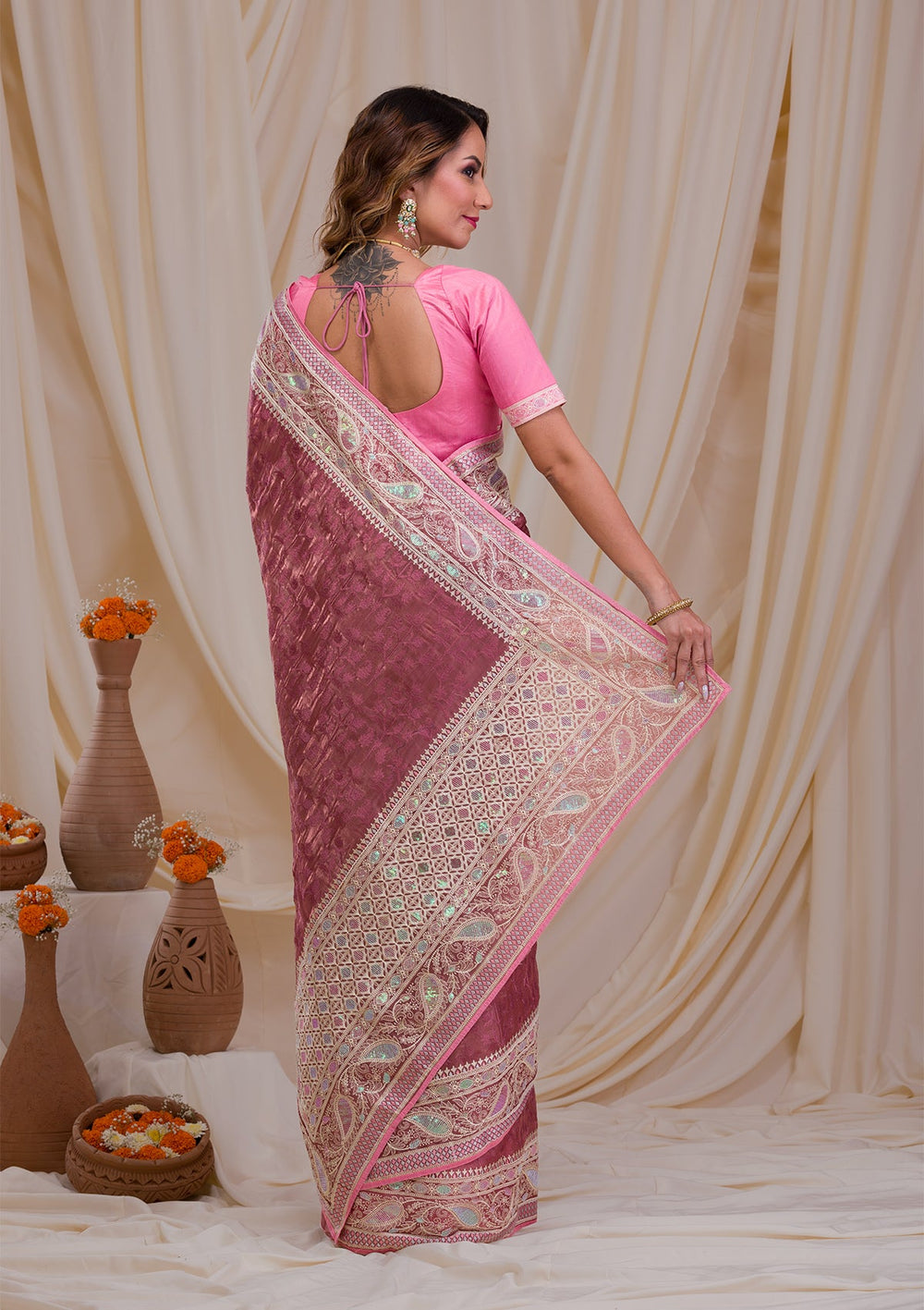 Onion Pink Threadwork Georgette Saree-Koskii