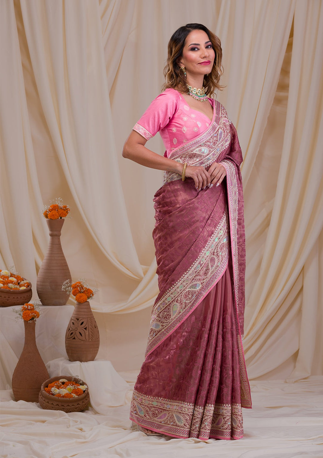 Onion Pink Threadwork Georgette Saree-Koskii