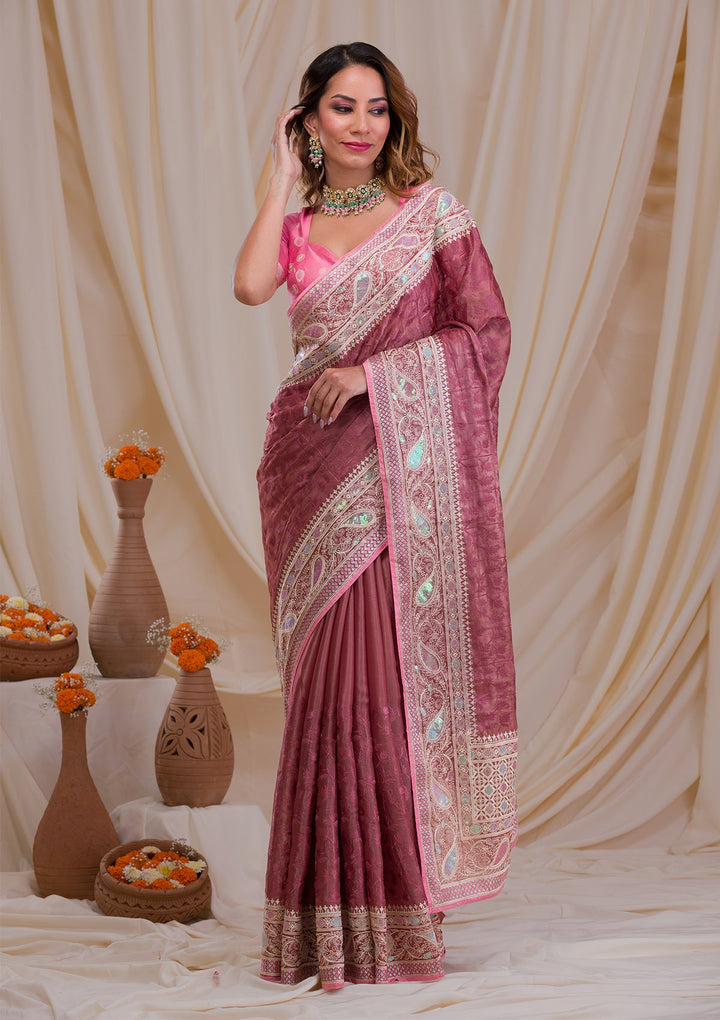 Onion Pink Threadwork Georgette Saree-Koskii