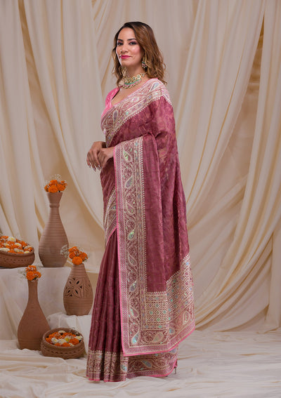 Onion Pink Threadwork Georgette Saree-Koskii