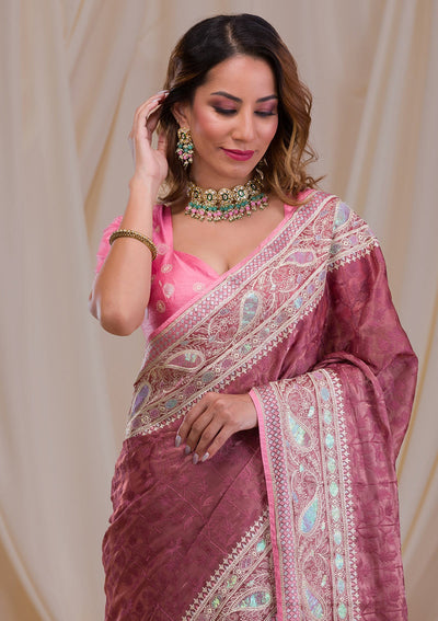 Onion Pink Threadwork Georgette Saree-Koskii