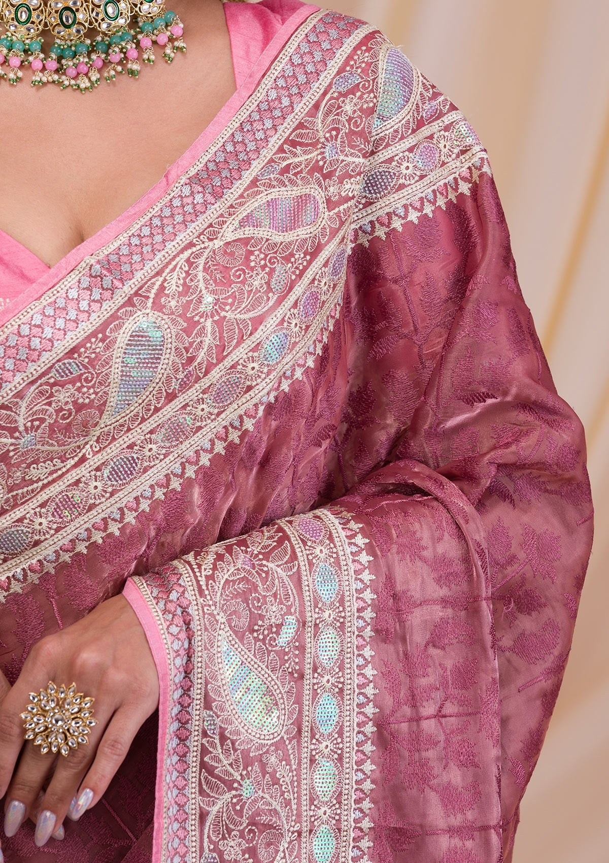 Onion Pink Threadwork Georgette Saree-Koskii