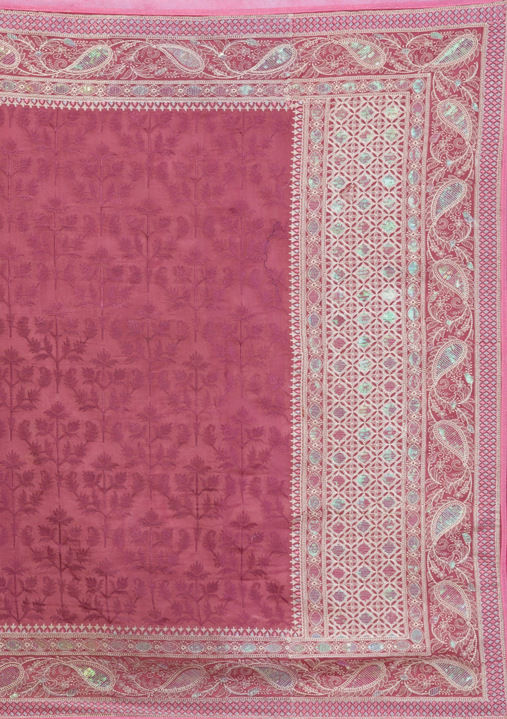 Onion Pink Threadwork Georgette Saree-Koskii