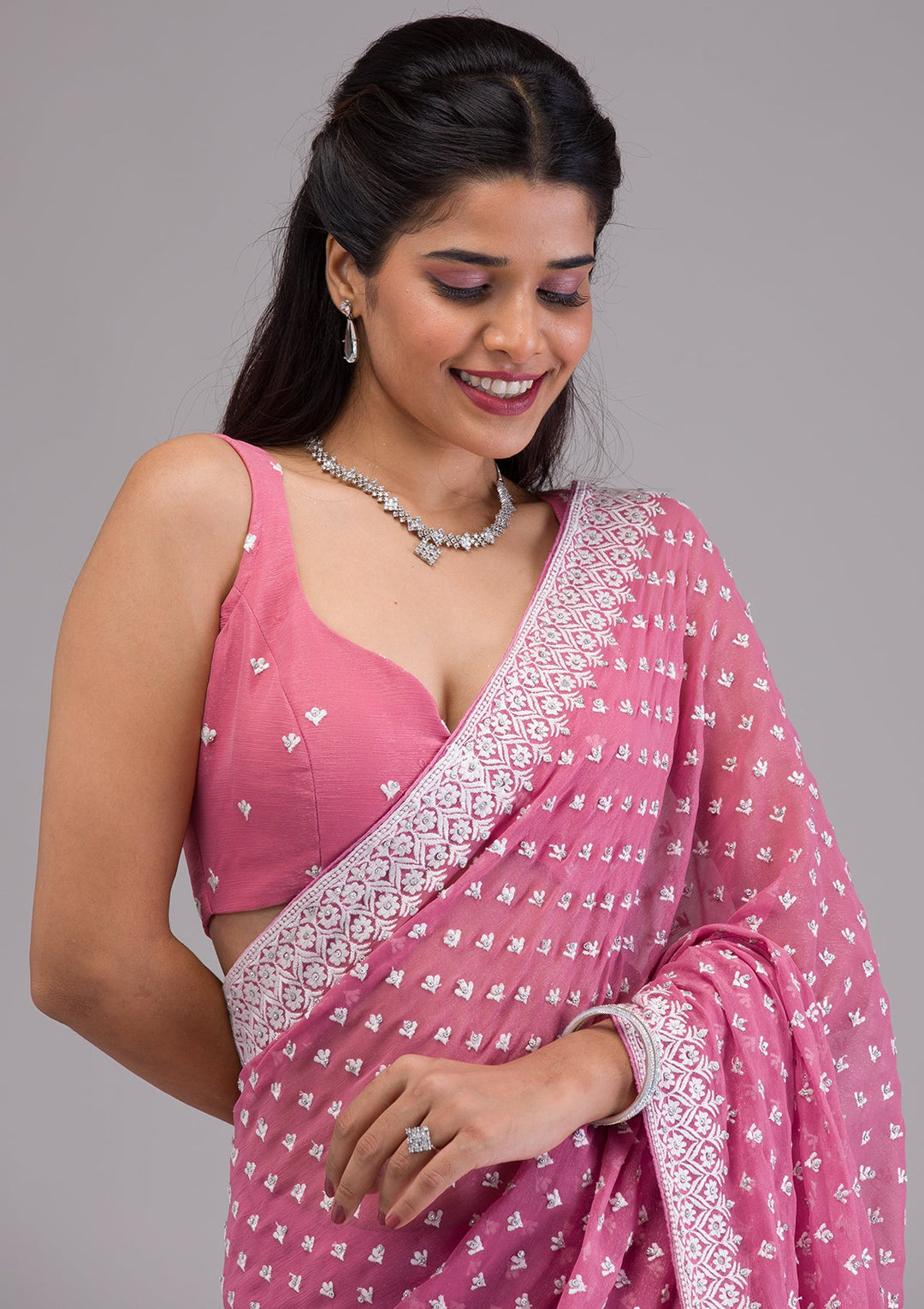 Onion Pink Threadwork Georgette Saree-Koskii
