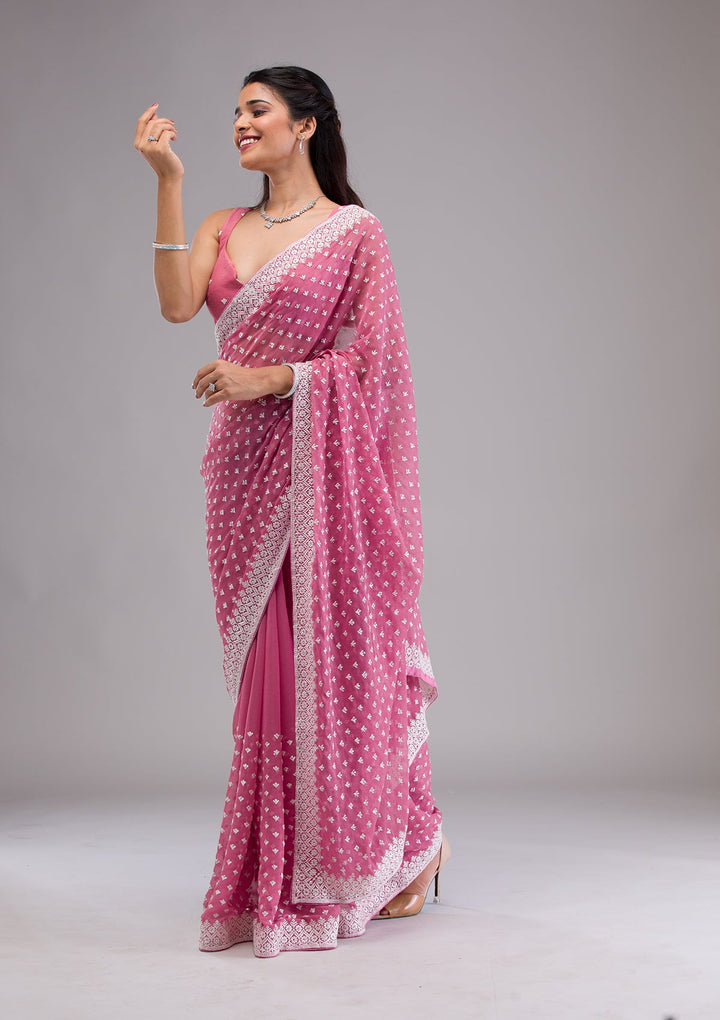 Onion Pink Threadwork Georgette Saree-Koskii