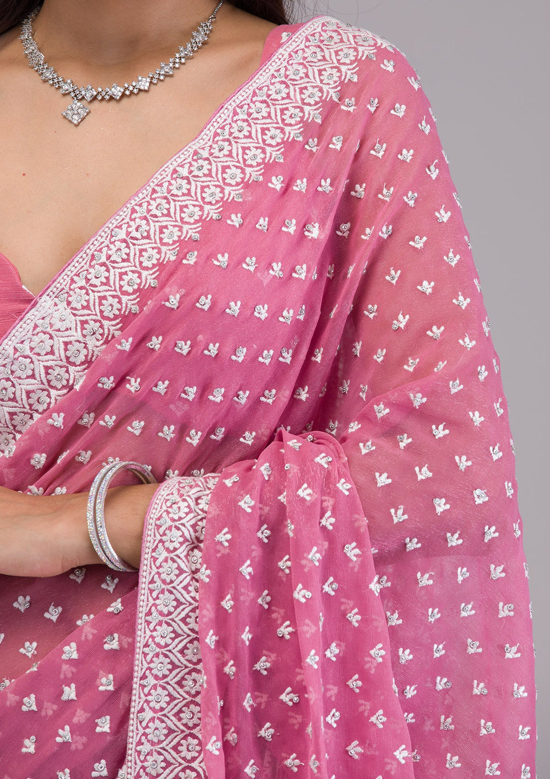Onion Pink Threadwork Georgette Saree-Koskii