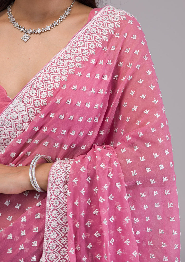 Onion Pink Threadwork Georgette Saree-Koskii